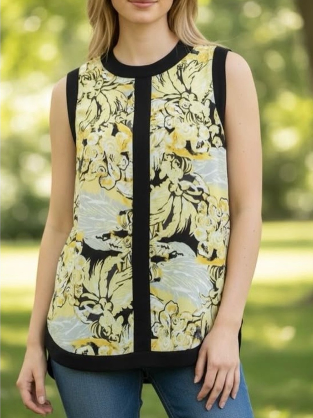 ECI Yellow Floral Sleeveless Top with Black Trim size XL